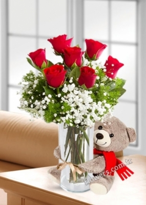7 Red Roses Vase & Teddy Bear
