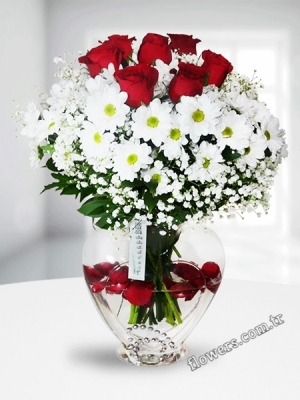 Roses & Daisies In Heart-shaped Vase