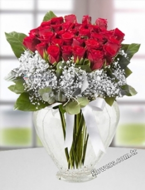 30 Red Roses & Gypsophila In Vase