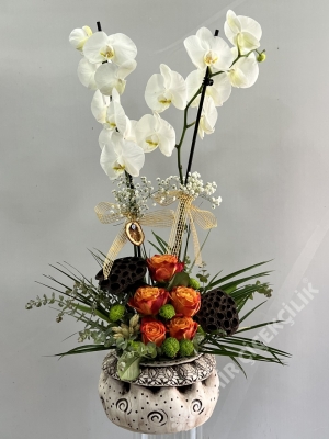 Orchid & Orange Rose Arrangement