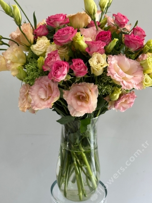 Pink Lisianthus & Rose In Vase
