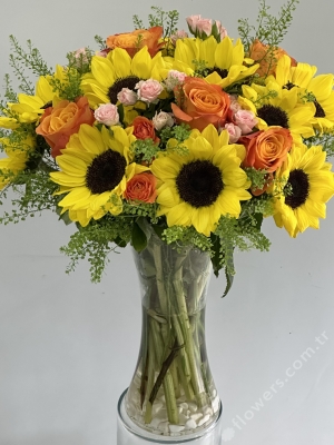 Sunflower & Orange Rose Arrangement