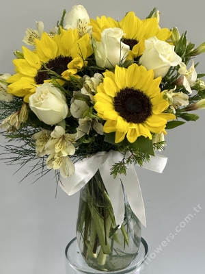 Sunflower & White Roses