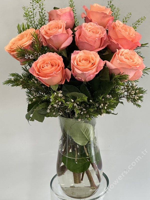 10 Salmon Rose In Vase