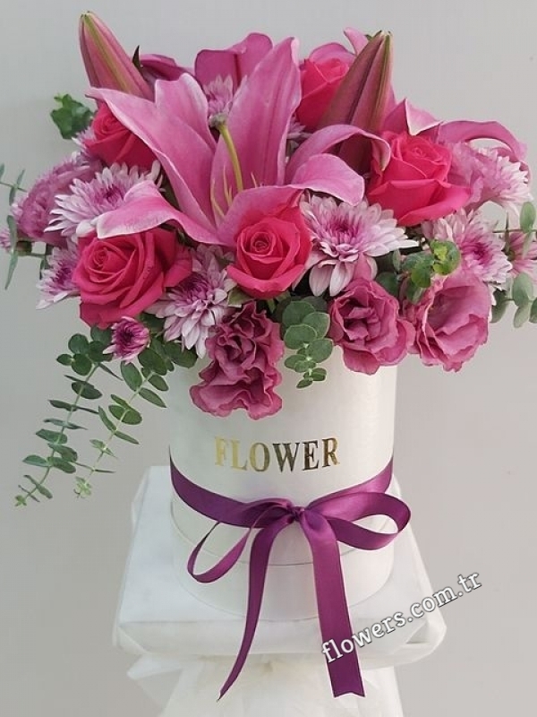 Pink Flower Arrangement In White Box