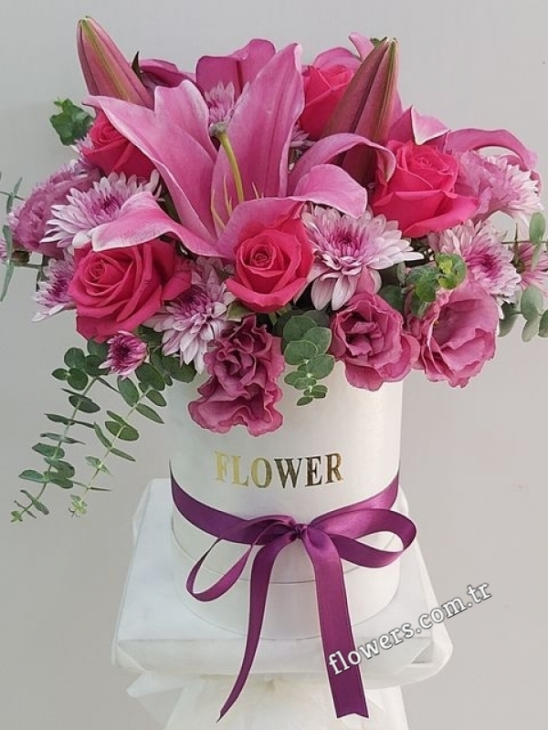 Pink Flower Arrangement In White Box