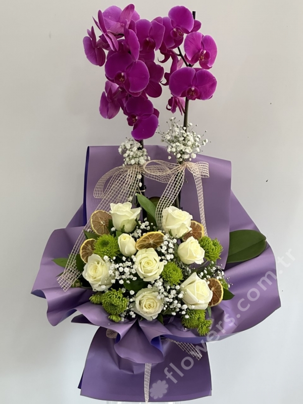 Purple Orchid & Rose Arrangement